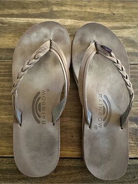 Rainbow Tan Braided Leather Thong Sandals